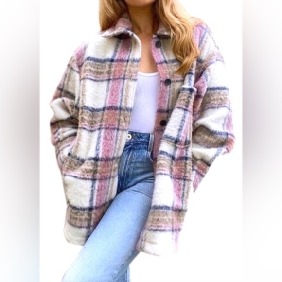 Zara Jackets & Blazers - ZARA Plaid Oversized Pink Tan and Blue Shacket Size Large
